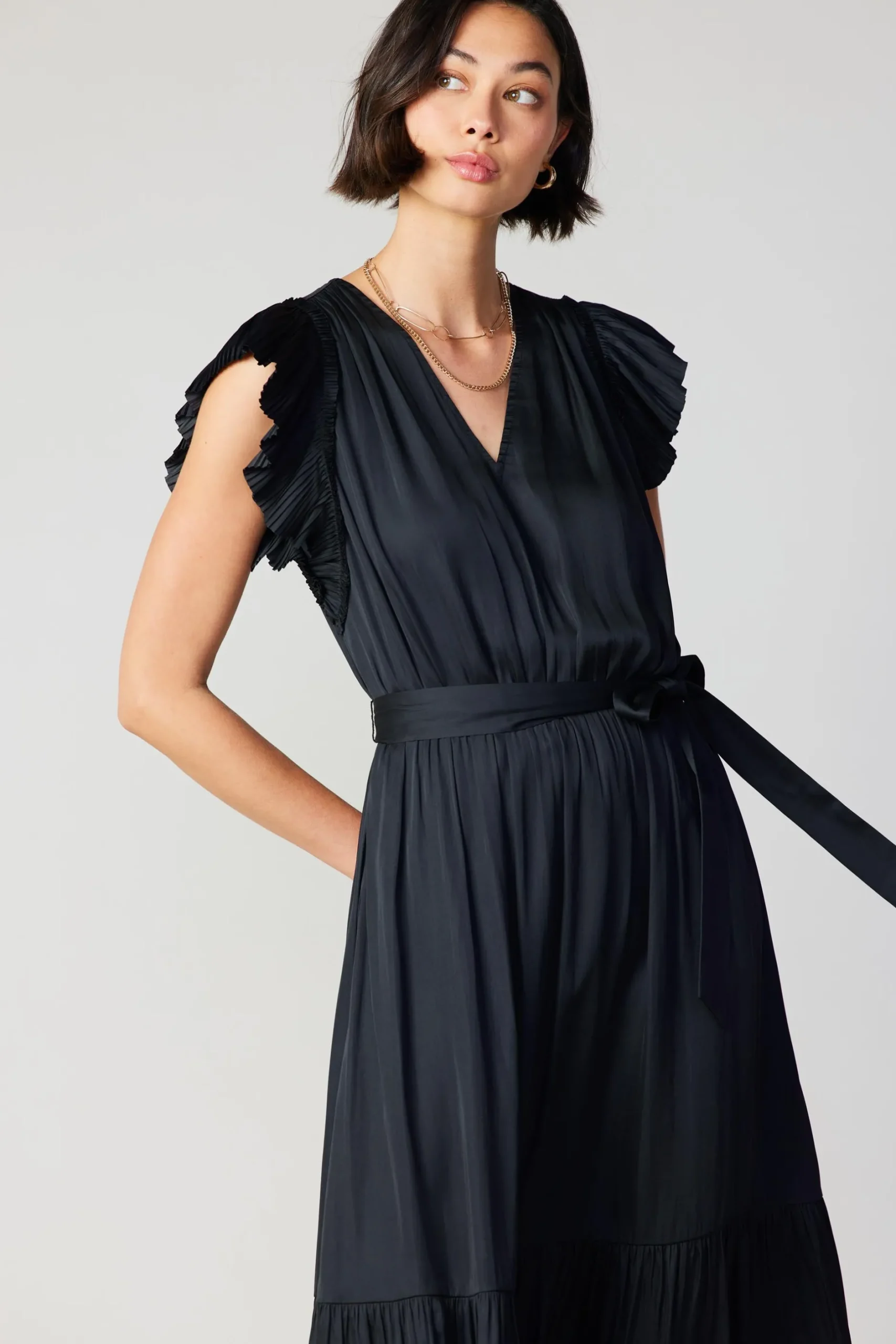 Midi Dresses-Current Air Natalia Flutter Sleeve Dress BLACK