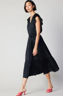 Midi Dresses-Current Air Natalia Flutter Sleeve Dress BLACK