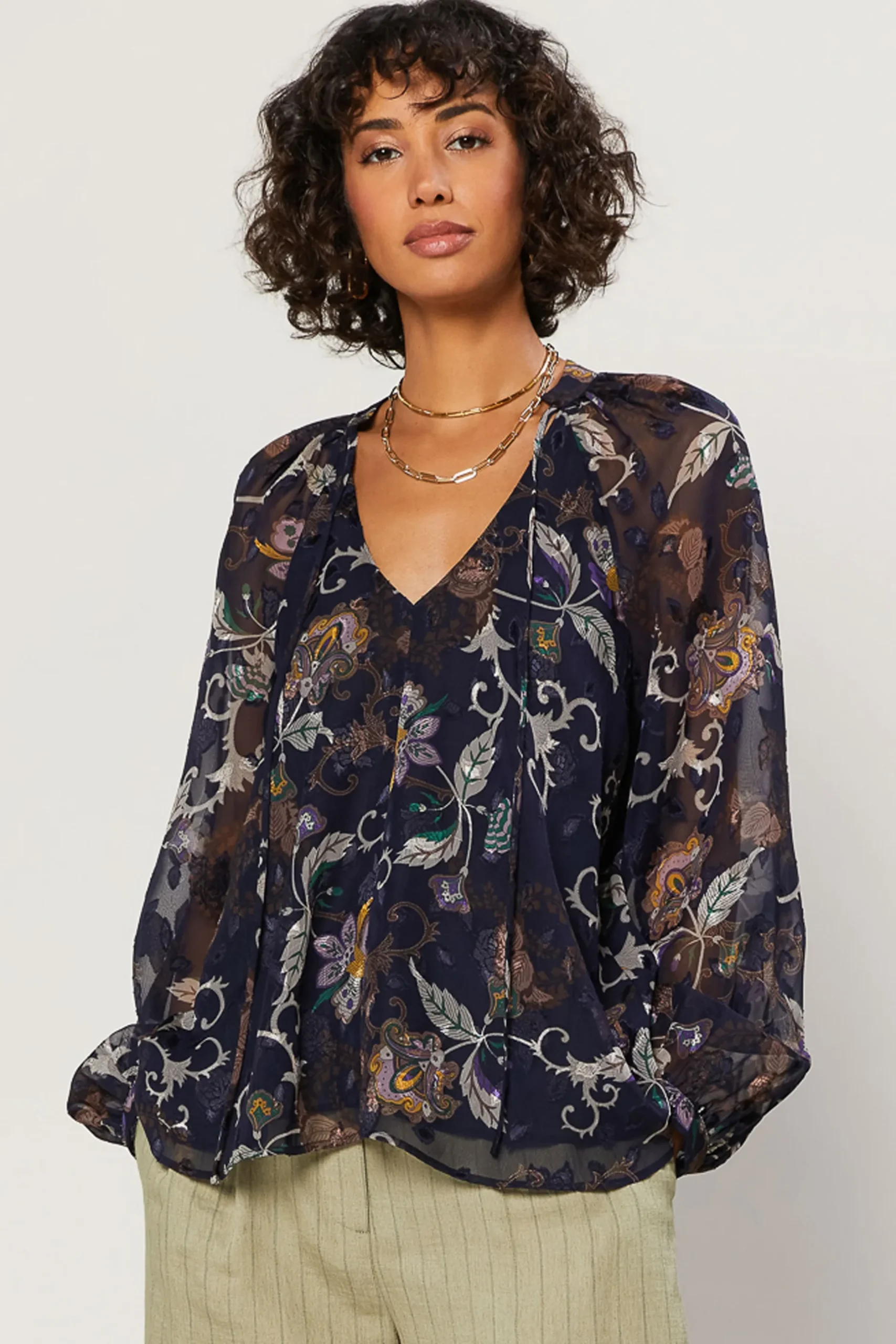Long Sleeve Tops-Current Air Navy Floral Long Sleeve Top FLORALNAVY