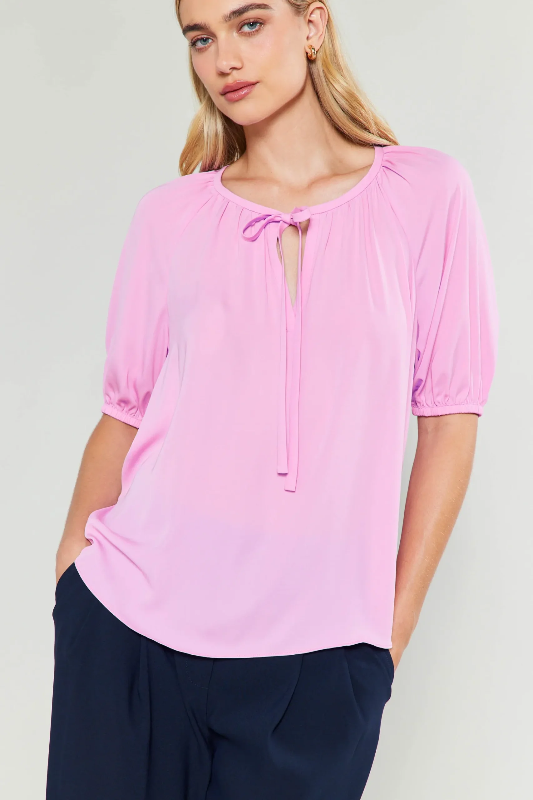 Short Sleeve Tops-Current Air Neck Tie Detailed Blouse ORCHID