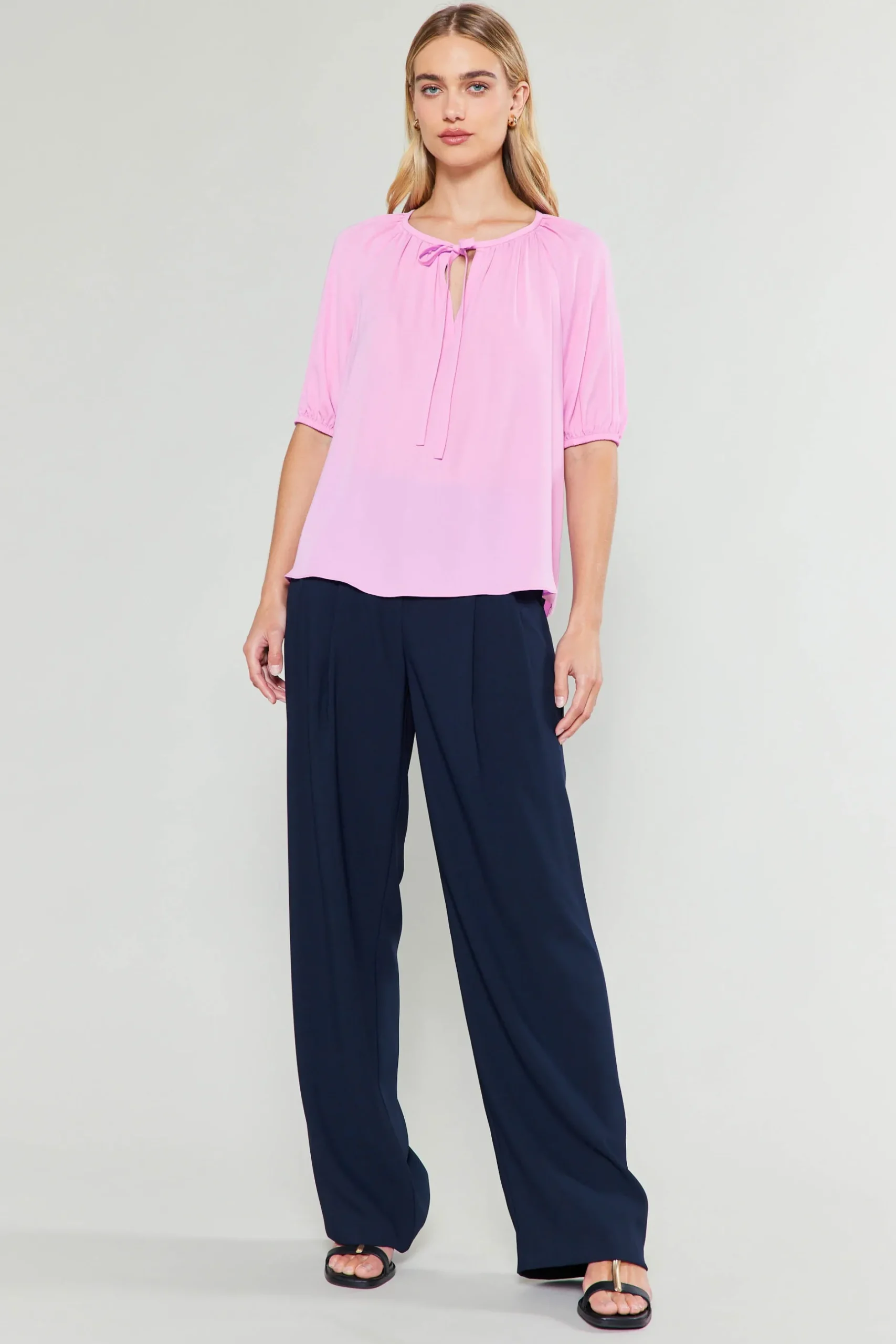 Short Sleeve Tops-Current Air Neck Tie Detailed Blouse ORCHID
