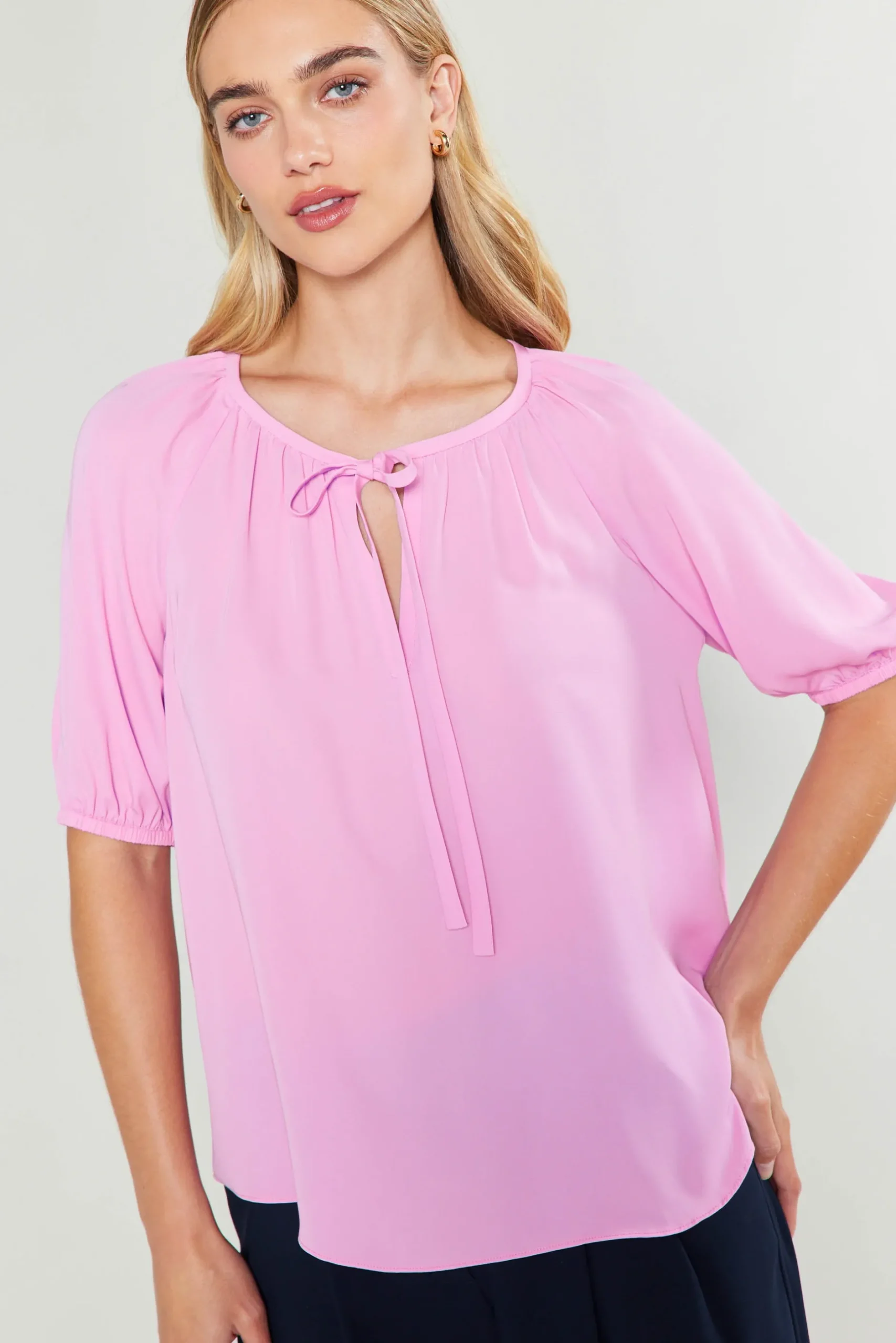 Short Sleeve Tops-Current Air Neck Tie Detailed Blouse ORCHID