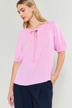 Short Sleeve Tops-Current Air Neck Tie Detailed Blouse ORCHID
