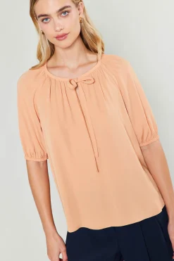 Short Sleeve Tops-Current Air Neck Tie Detailed Blouse BUTTERUM