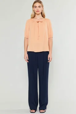 Short Sleeve Tops-Current Air Neck Tie Detailed Blouse BUTTERUM