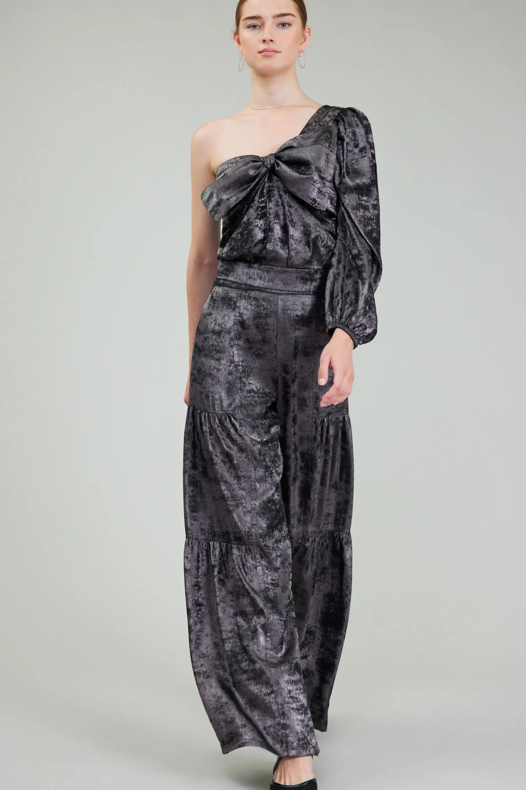 Long Sleeve Tops-Current Air One Shoulder Textured Top PLUMGUNMETAL