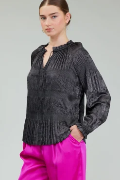 Long Sleeve Tops-Current Air Opalescent Pleated Blouse PLUMGUNMETAL