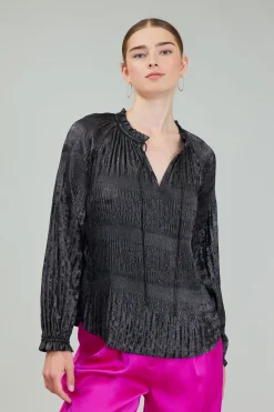 Long Sleeve Tops-Current Air Opalescent Pleated Blouse PLUMGUNMETAL