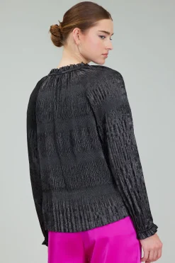 Long Sleeve Tops-Current Air Opalescent Pleated Blouse PLUMGUNMETAL