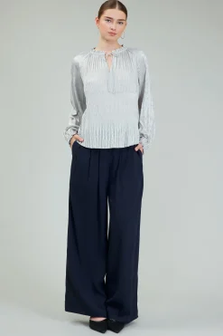 Long Sleeve Tops-Current Air Opalescent Pleated Blouse OYSTER