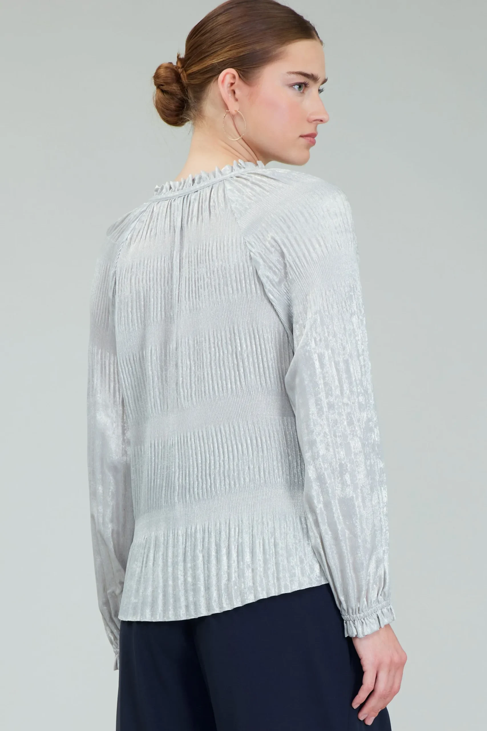 Long Sleeve Tops-Current Air Opalescent Pleated Blouse OYSTER