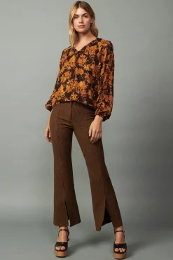 Long Sleeve Tops-Current Air Orange Picot Stitch Blouse BROWNORANGEFLORAL
