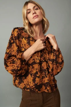 Long Sleeve Tops-Current Air Orange Picot Stitch Blouse BROWNORANGEFLORAL