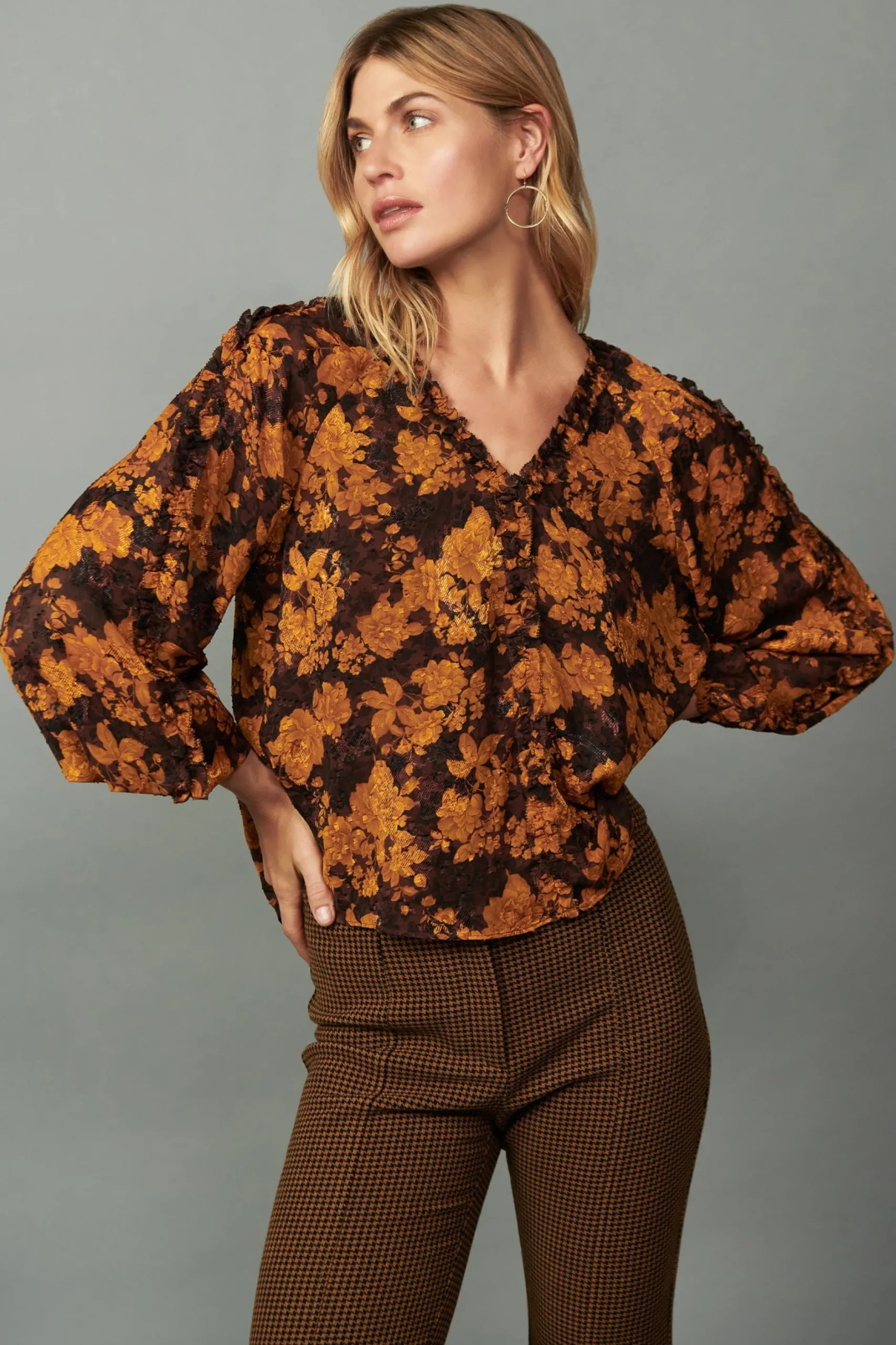 Long Sleeve Tops-Current Air Orange Picot Stitch Blouse BROWNORANGEFLORAL