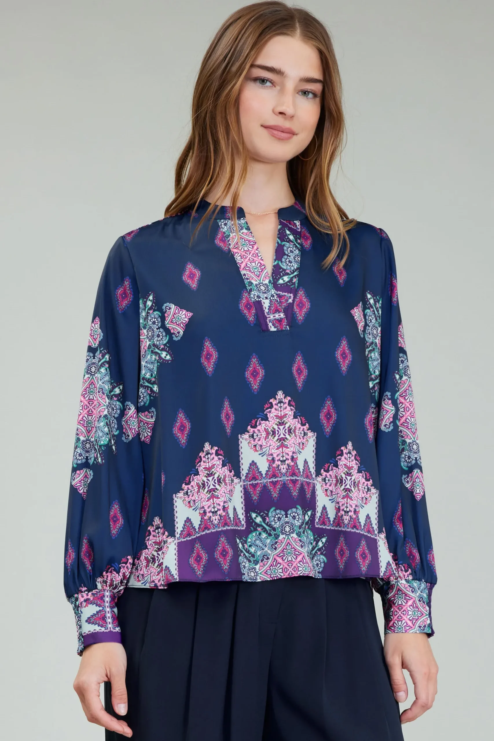 Long Sleeve Tops-Current Air Ornate Border Print Blouse MLT