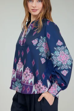 Long Sleeve Tops-Current Air Ornate Border Print Blouse MLT