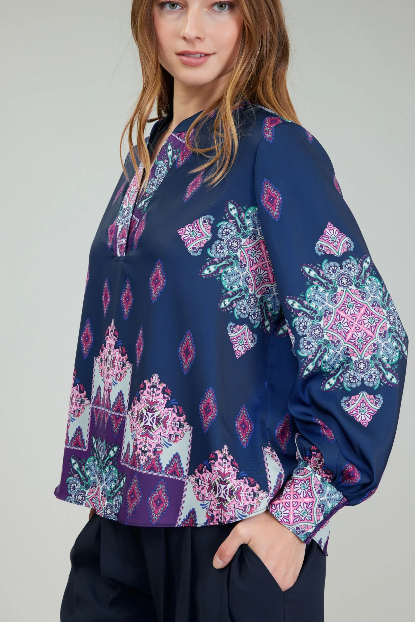 Long Sleeve Tops-Current Air Ornate Border Print Blouse MLT