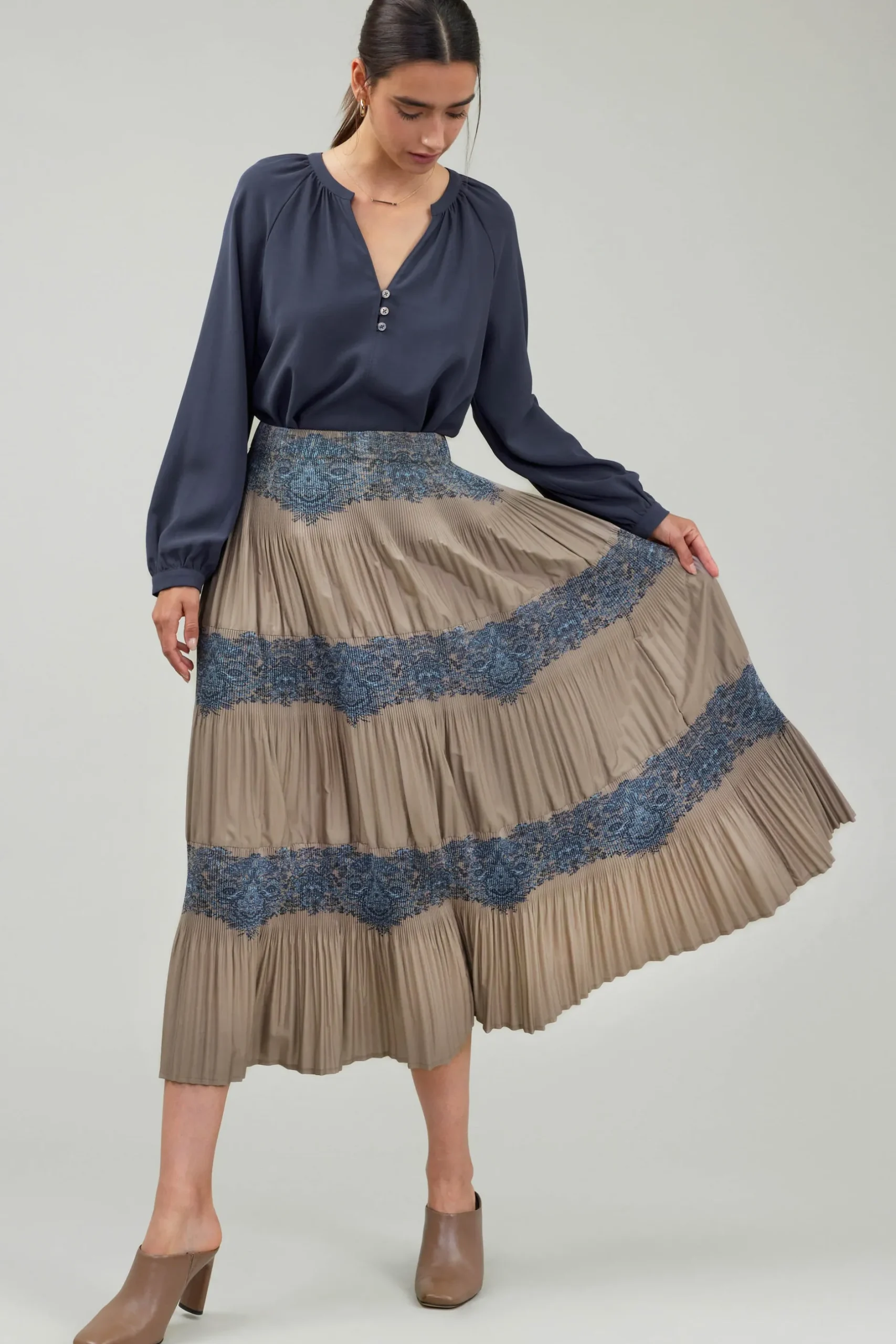 Skirts-Current Air Ornate Motif Midi Skirt TAUPEBLUEMLT