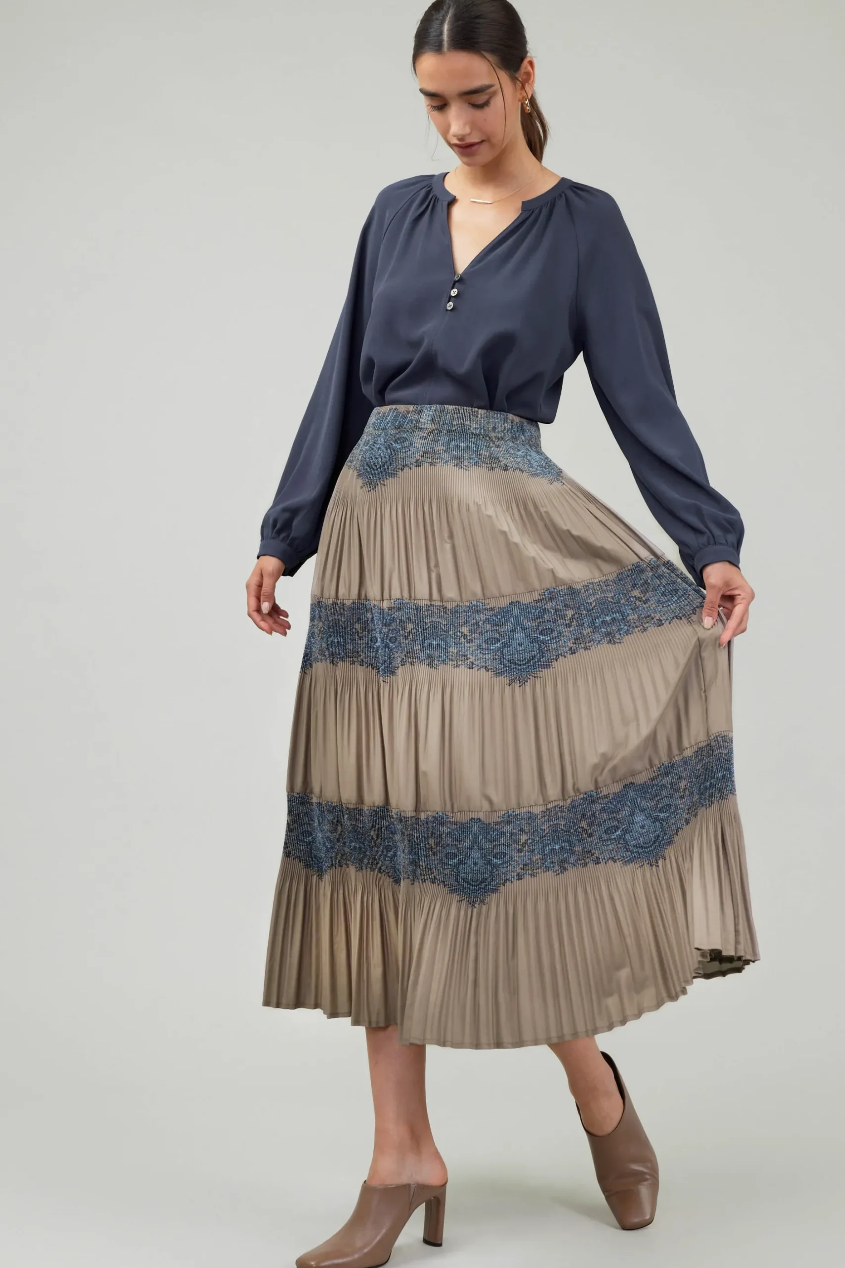Skirts-Current Air Ornate Motif Midi Skirt TAUPEBLUEMLT