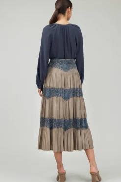 Skirts-Current Air Ornate Motif Midi Skirt TAUPEBLUEMLT