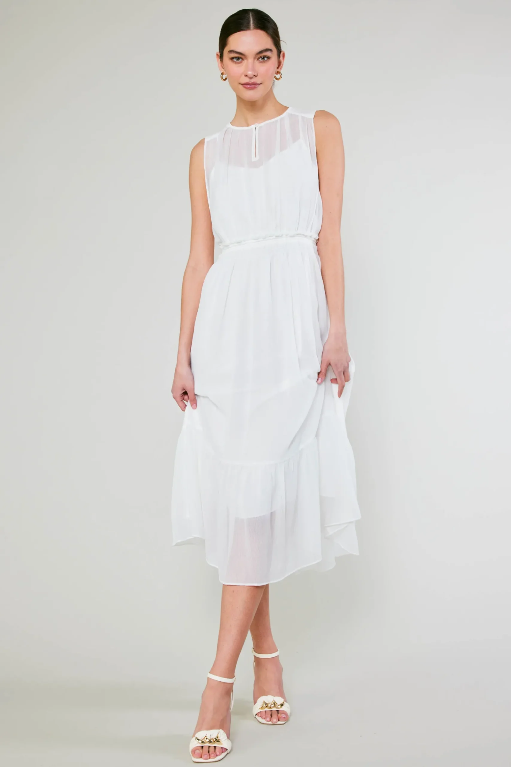 Midi Dresses-Current Air Overlayed Midi Dress WHITE