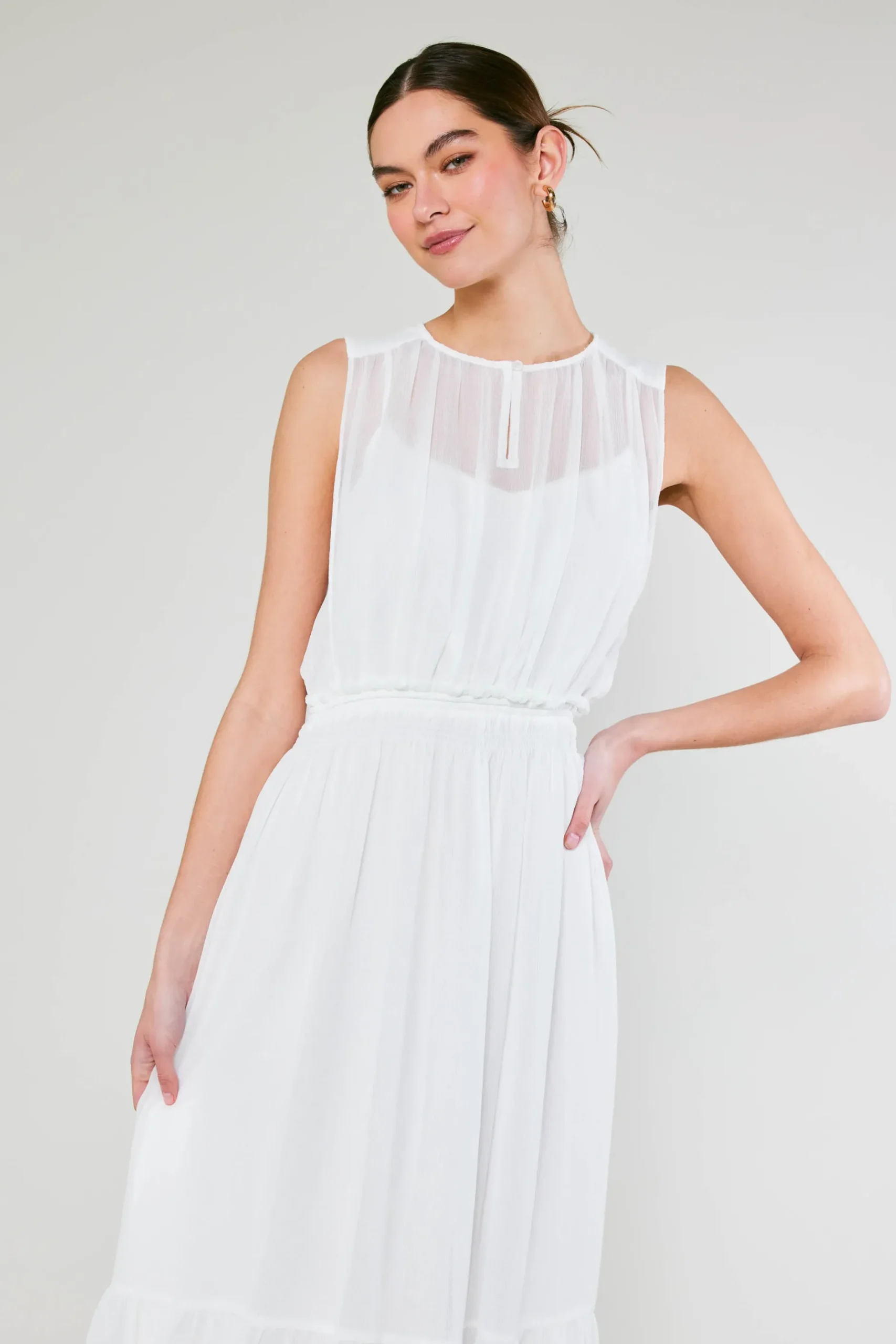 Midi Dresses-Current Air Overlayed Midi Dress WHITE