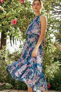 Maxi Dresses|Midi Dresses-Current Air Painterly Floral Asymmetric Dress PINKBLUEMLT