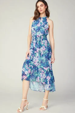 Maxi Dresses|Midi Dresses-Current Air Painterly Floral Asymmetric Dress PINKBLUEMLT