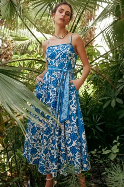 Midi Dresses-Current Air Painterly Floral Midi Dress BLUEMLT