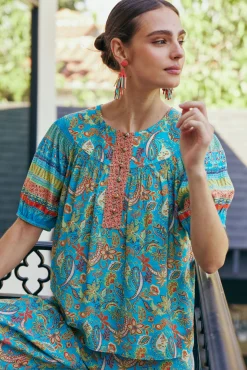 Short Sleeve Tops-Current Air Paisley Border Print Top BLUEORANGE