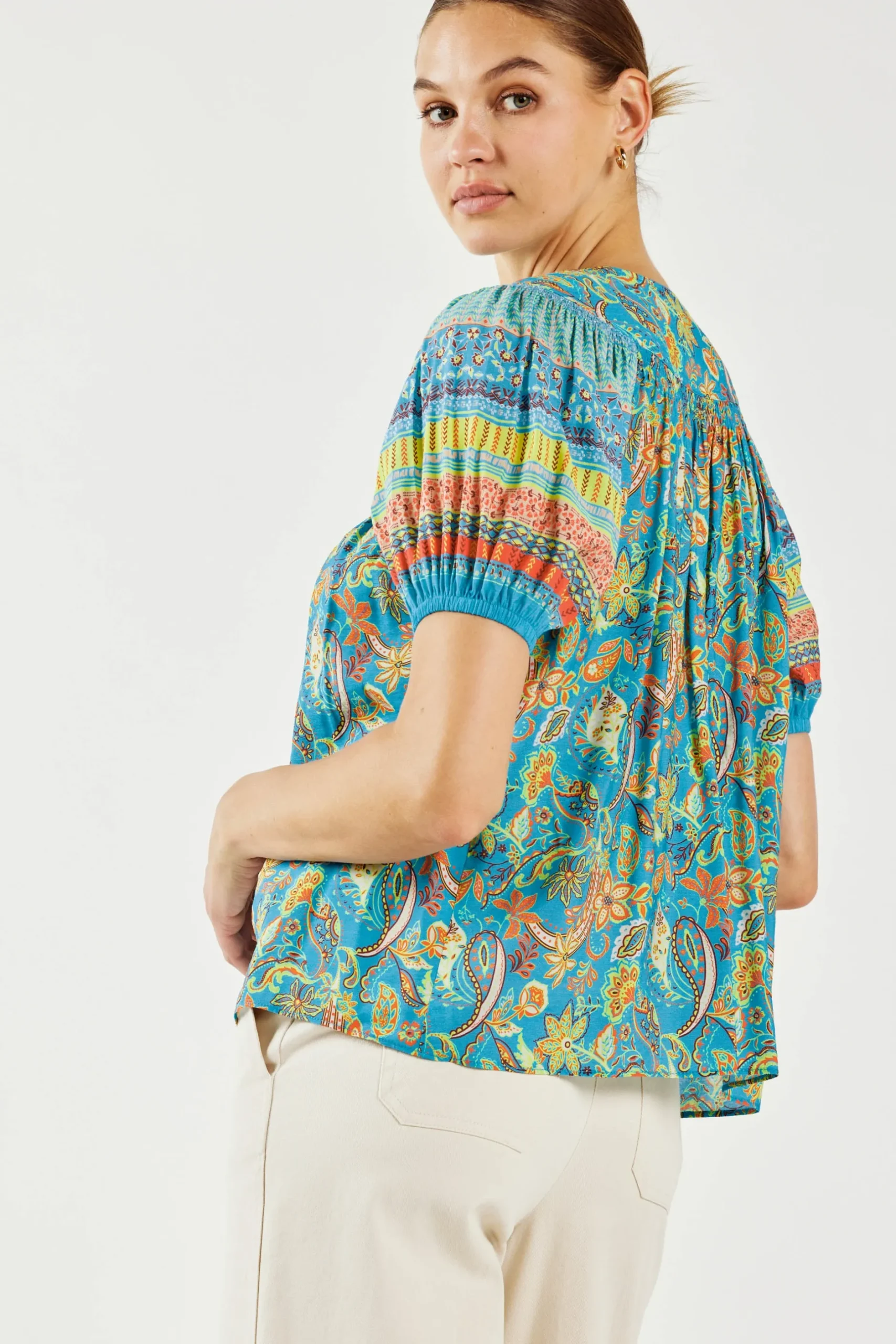 Short Sleeve Tops-Current Air Paisley Border Print Top BLUEORANGE