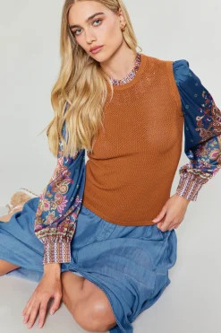 Knitwear|Sweaters-Current Air Paisley Contrast Sleeve Knit Top RUSTNAVY