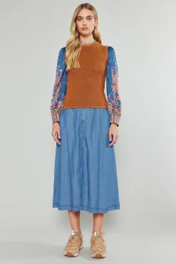 Knitwear|Sweaters-Current Air Paisley Contrast Sleeve Knit Top RUSTNAVY