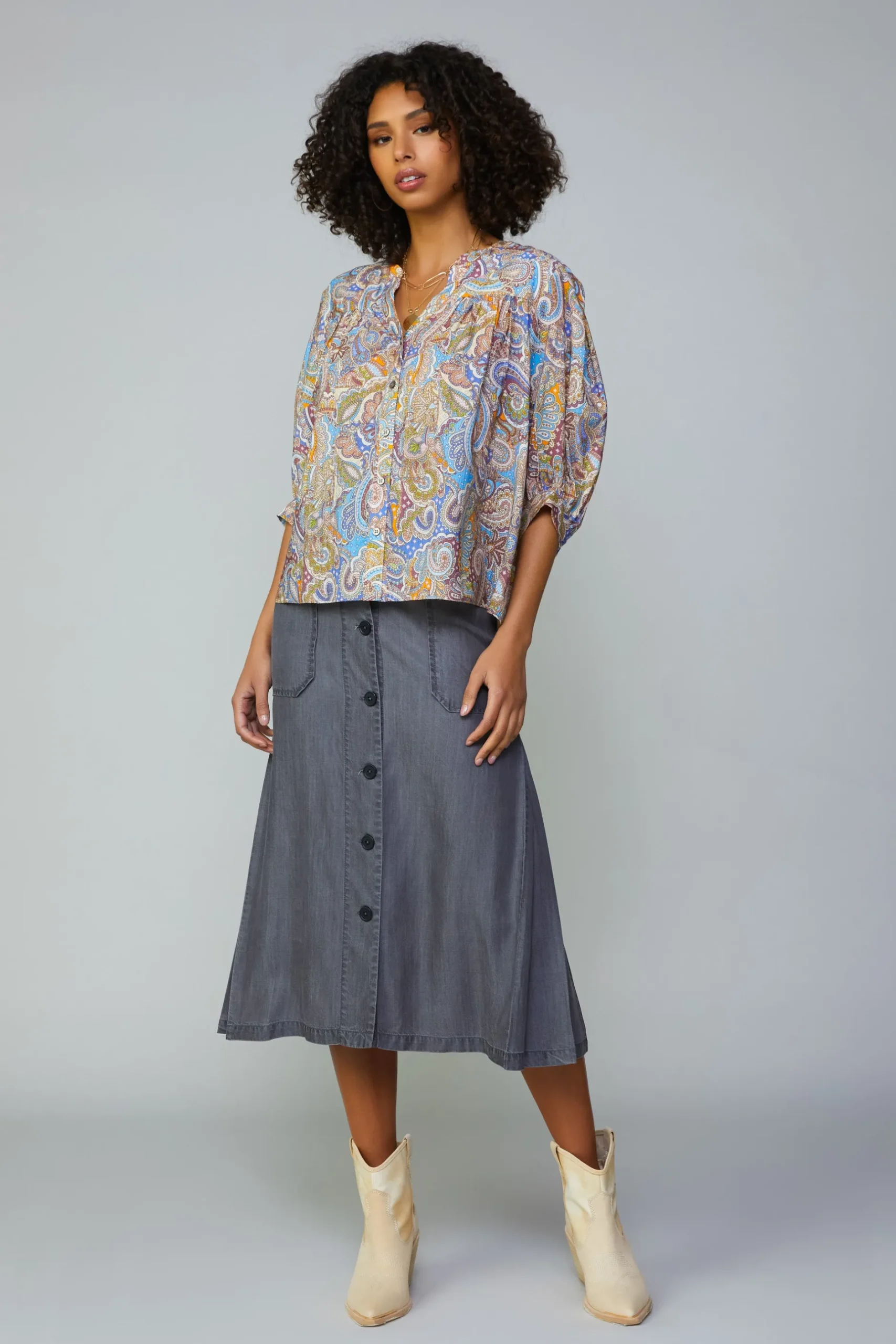 Long Sleeve Tops-Current Air Paisley Motif Button Blouse MLT