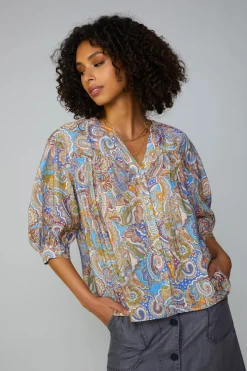Long Sleeve Tops-Current Air Paisley Motif Button Blouse MLT