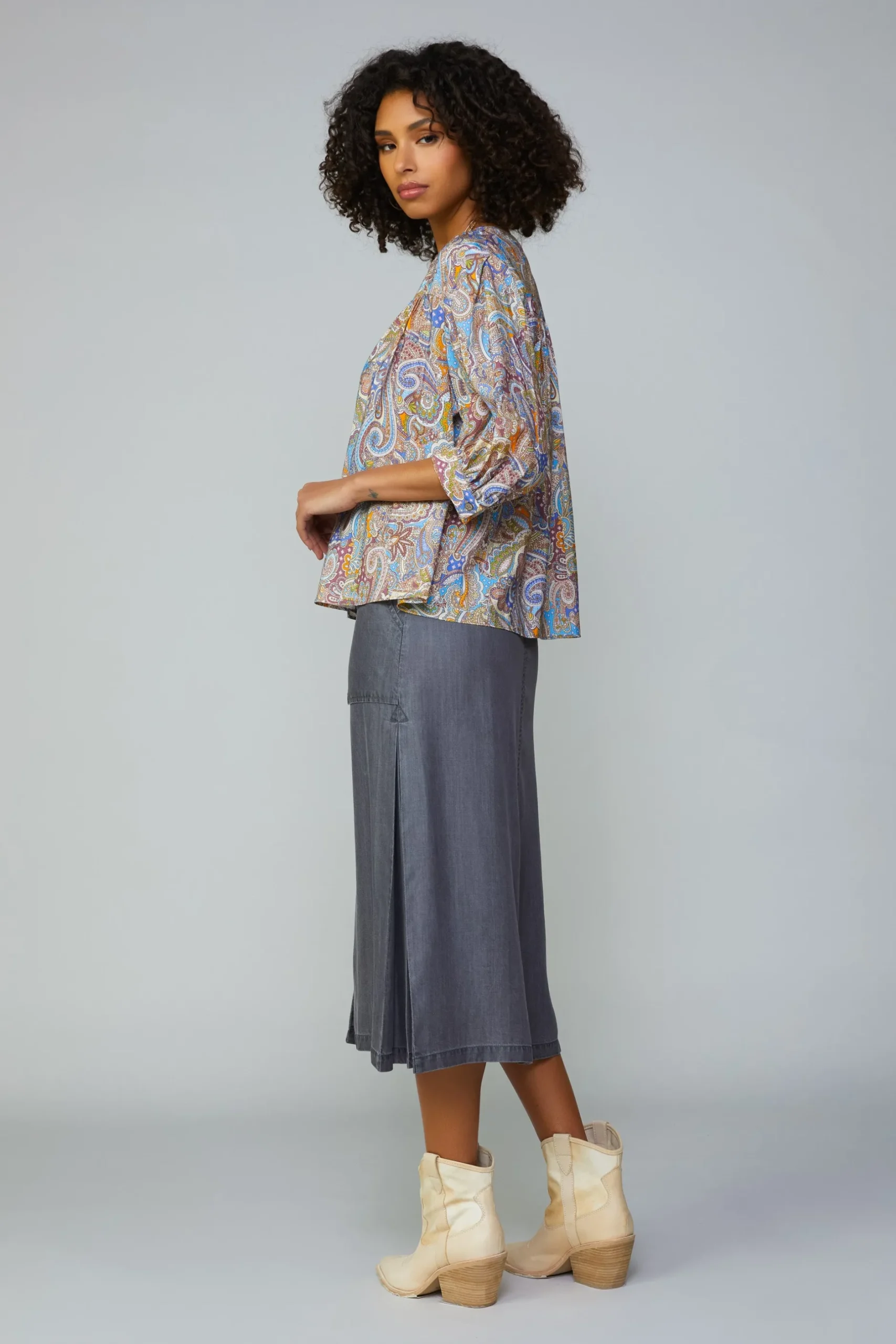 Long Sleeve Tops-Current Air Paisley Motif Button Blouse MLT