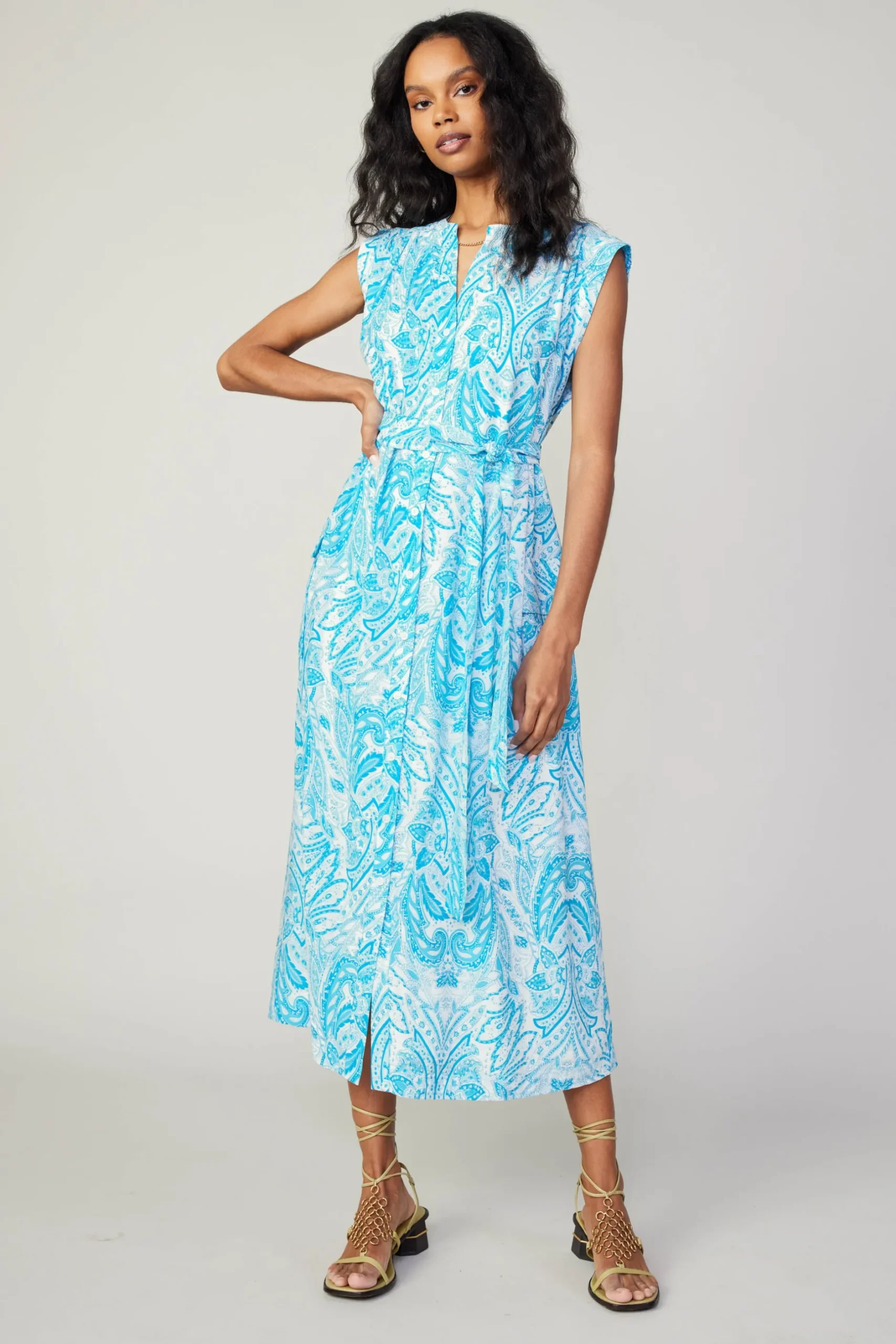 Midi Dresses-Current Air Paisley Printed Sleeveless Dress BLUEMLT
