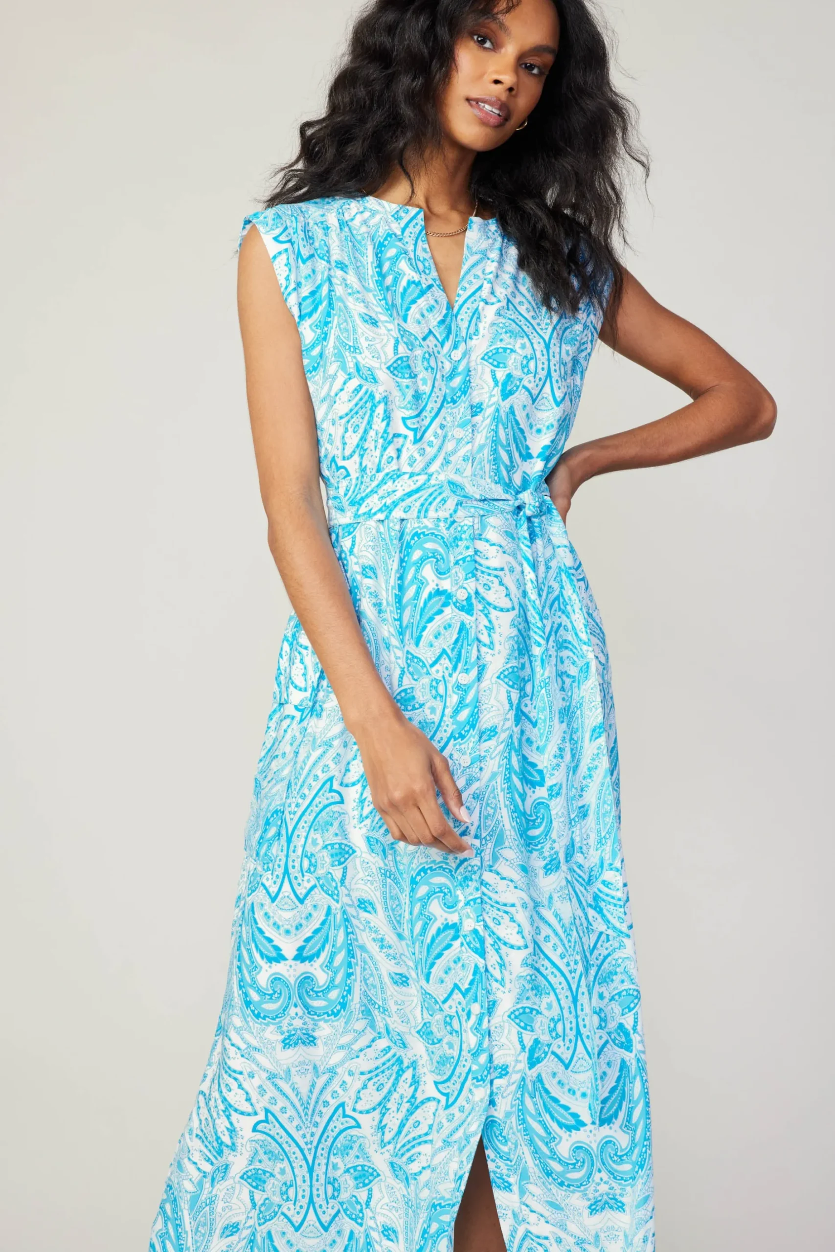 Midi Dresses-Current Air Paisley Printed Sleeveless Dress BLUEMLT