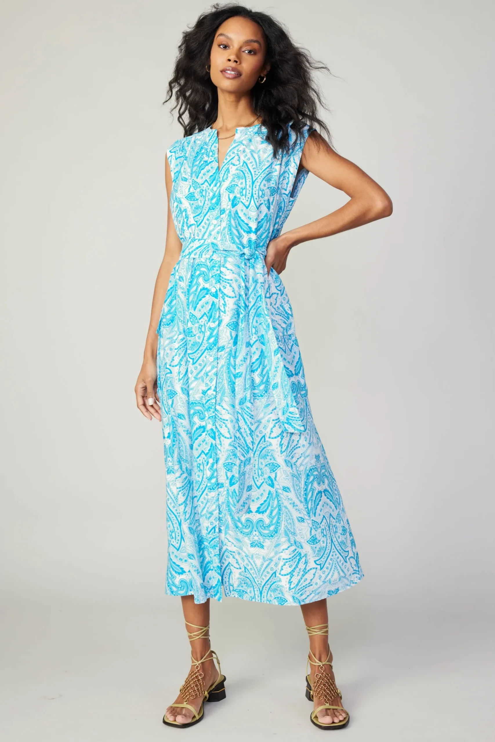 Midi Dresses-Current Air Paisley Printed Sleeveless Dress BLUEMLT