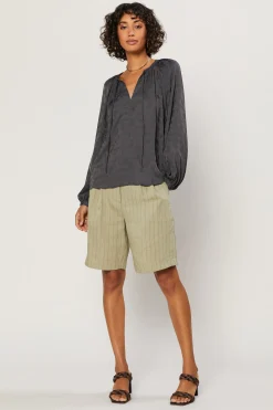 Long Sleeve Tops-Current Air Paisley Split Neck Top CHARCOAL