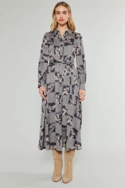 Midi Dresses-Current Air Paneled Buttonup Dress BLACKTAUPEMLT
