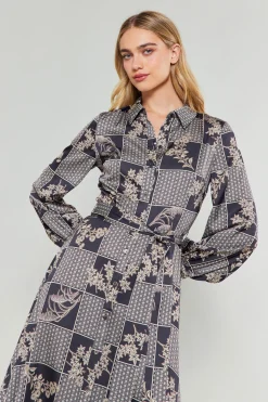 Midi Dresses-Current Air Paneled Buttonup Dress BLACKTAUPEMLT