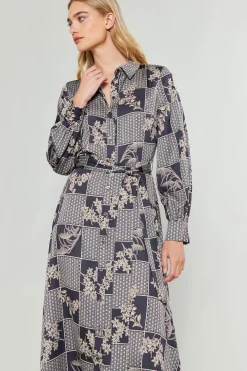 Midi Dresses-Current Air Paneled Buttonup Dress BLACKTAUPEMLT