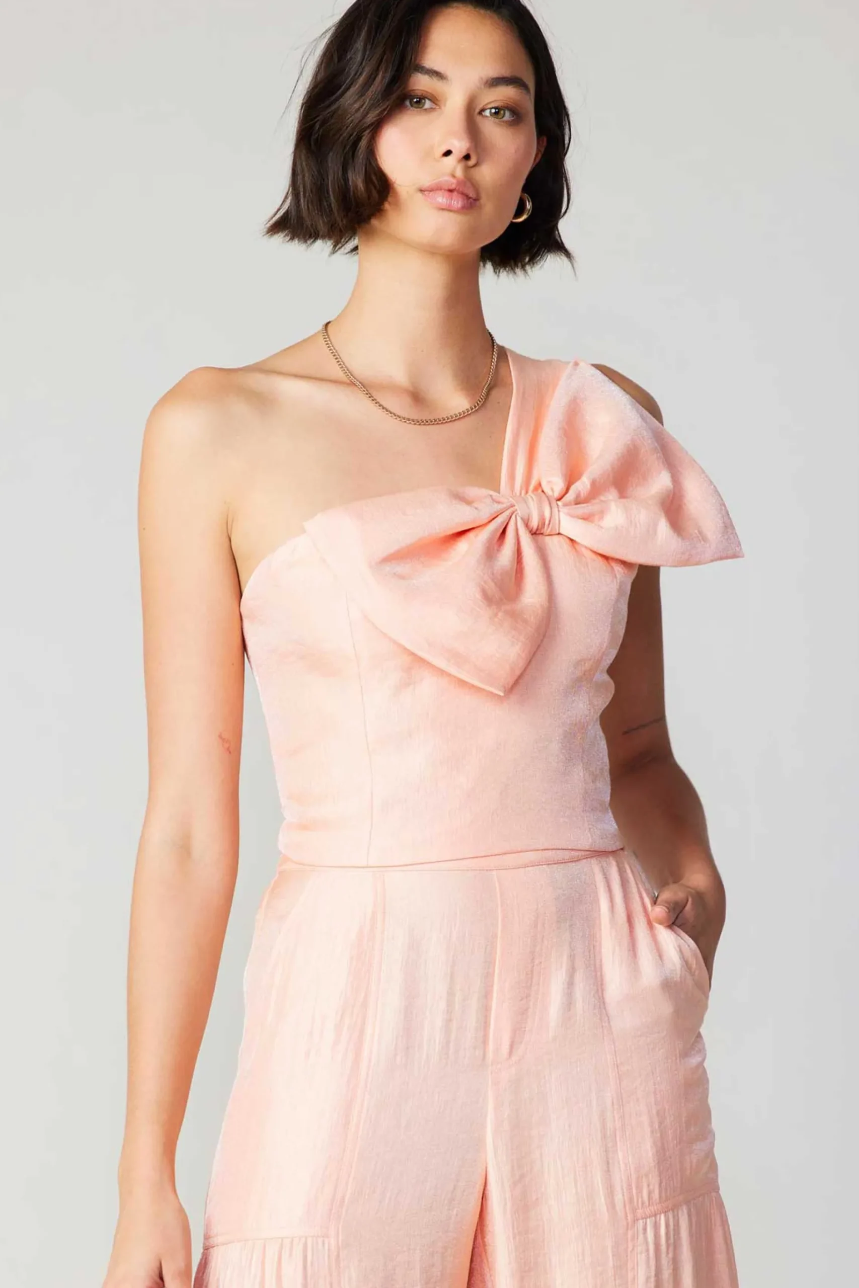 Sleeveless Tops-Current Air Pastel Bowtie Top APRICOT