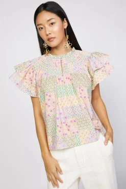 Short Sleeve Tops-Current Air Patchwork Flutter Sleeve Top MULTI