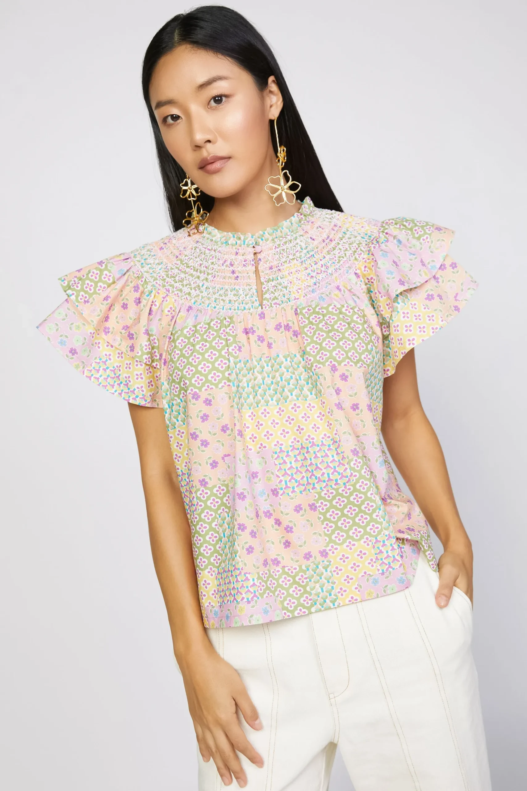 Short Sleeve Tops-Current Air Patchwork Flutter Sleeve Top MULTI