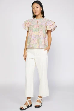 Short Sleeve Tops-Current Air Patchwork Flutter Sleeve Top MULTI