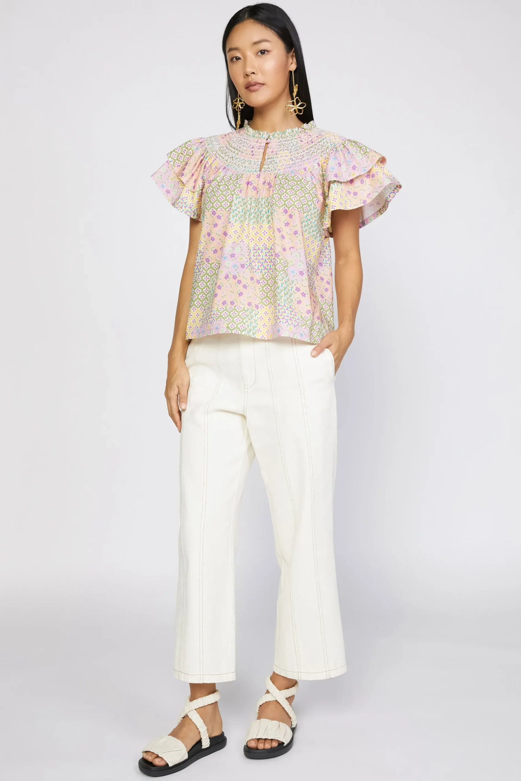 Short Sleeve Tops-Current Air Patchwork Flutter Sleeve Top MULTI