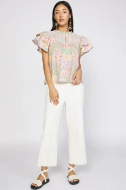 Short Sleeve Tops-Current Air Patchwork Flutter Sleeve Top MULTI