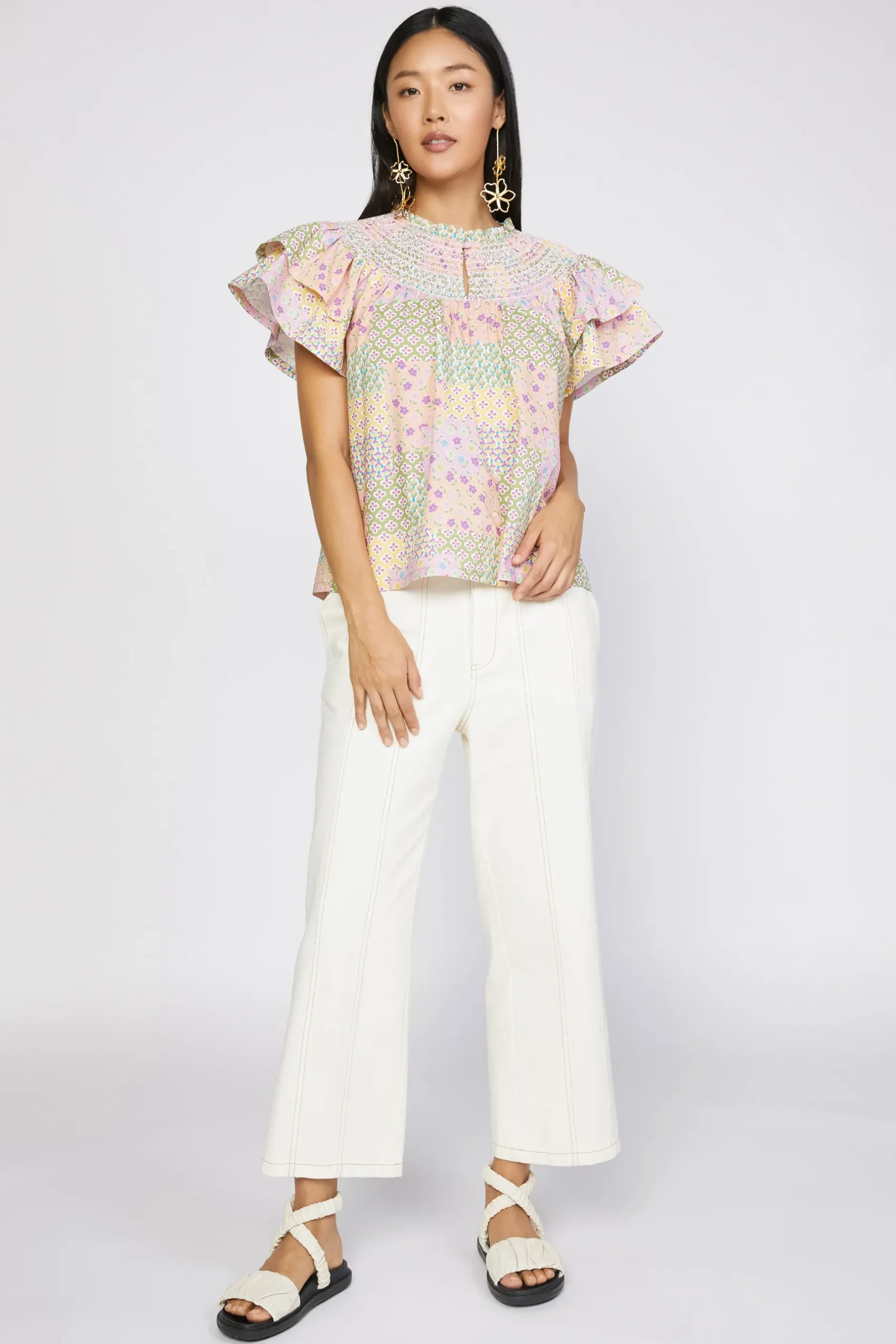 Short Sleeve Tops-Current Air Patchwork Flutter Sleeve Top MULTI